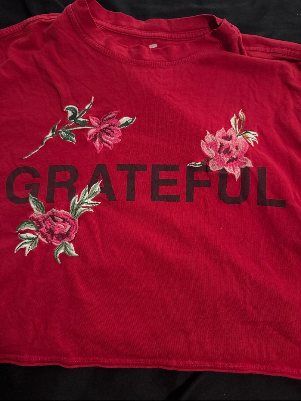 Spiritual Gangster Grateful Floral Embroidered Crop Long Sleeve Tee Red Small